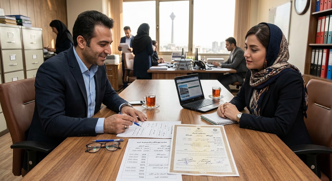 دو شریک در حال گفتگو و یادداشت‌برداری روی میز